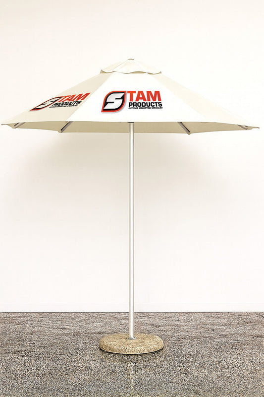 Stam Products custom outdoor branded hexagonal umbrella with white canopy and logo print on a sturdy stand