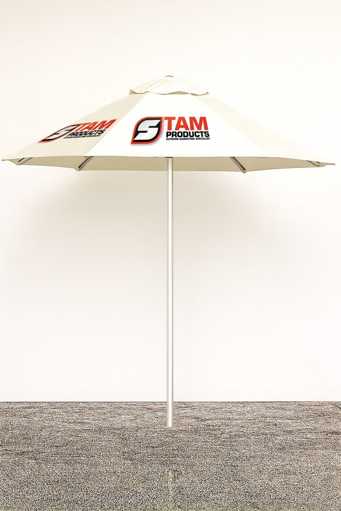 Custom outdoor hexagonal umbrella with Stam Products branding on white canopy and metal pole stand