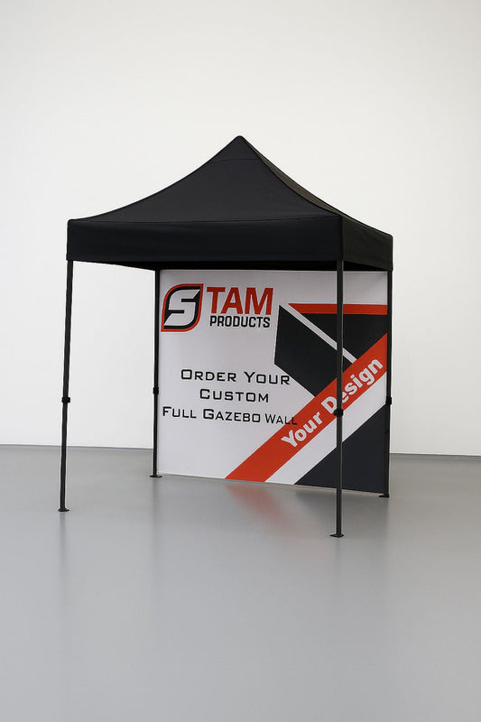 Stam Products bespoke printed branded gazebo full wall with custom design and logo on water-resistant canvas