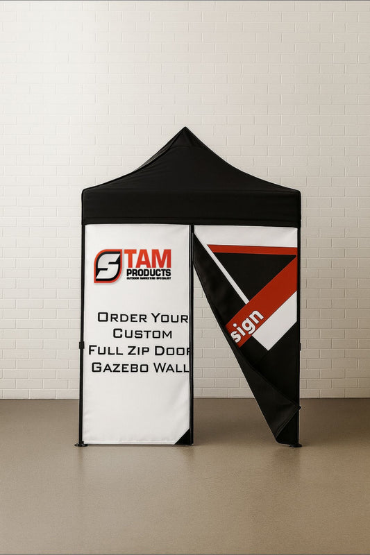 Stam Products custom branded gazebo full wall with zip door entrance and printed logo design