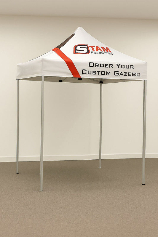 Stam Products custom printed branded 2m x 2m gazebo with white canopy and promotional logo and text on lightweight steel frame