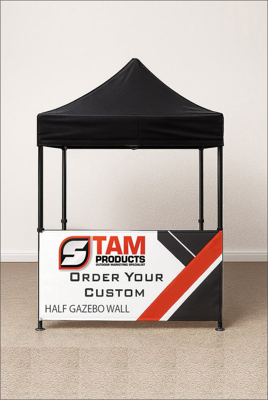 Custom Stam Products branded gazebo half wall with logo and order message under black canopy