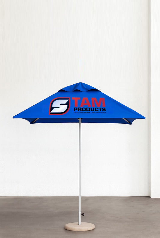 Blue Stam Products custom printed branded square umbrella with aluminum frame and optional base for outdoor branding and events