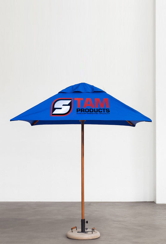 Blue Stam Products custom printed branded square umbrella with wooden frame and sturdy base for outdoor branding.