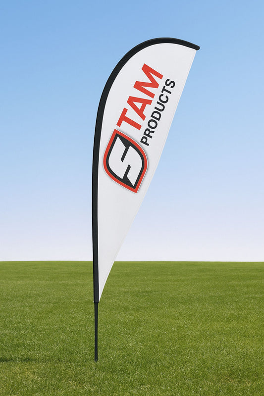 Custom printed Stam Products branded fin flag banner with logo on white fabric outdoors on grass