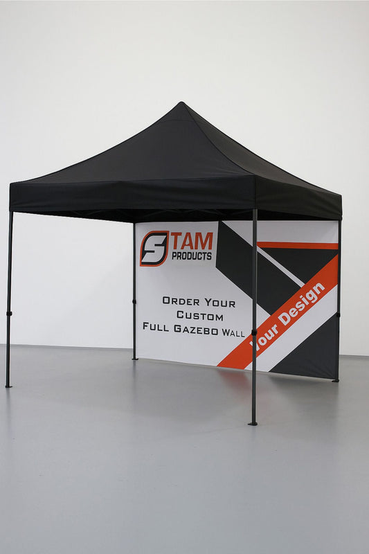 Black gazebo with a custom Stam Products bespoke printed branded full wall featuring the company logo and promotional design.