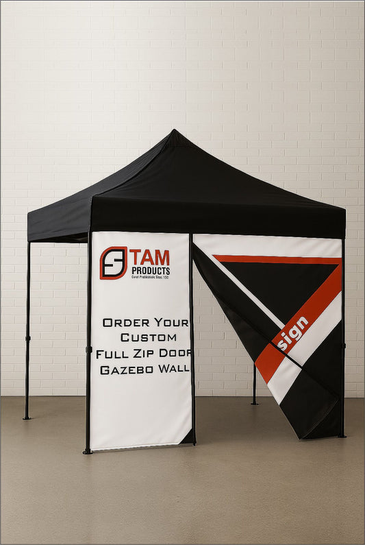 Stam Products custom branded gazebo full wall with zip door in black and white design for outdoor advertising