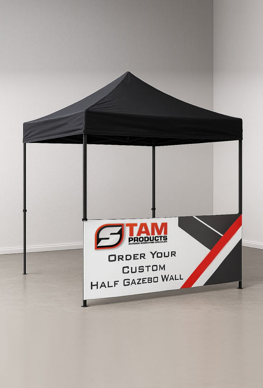 Custom Stam Products branded gazebo half wall with black canopy, promoting order of bespoke printed half gazebo walls.