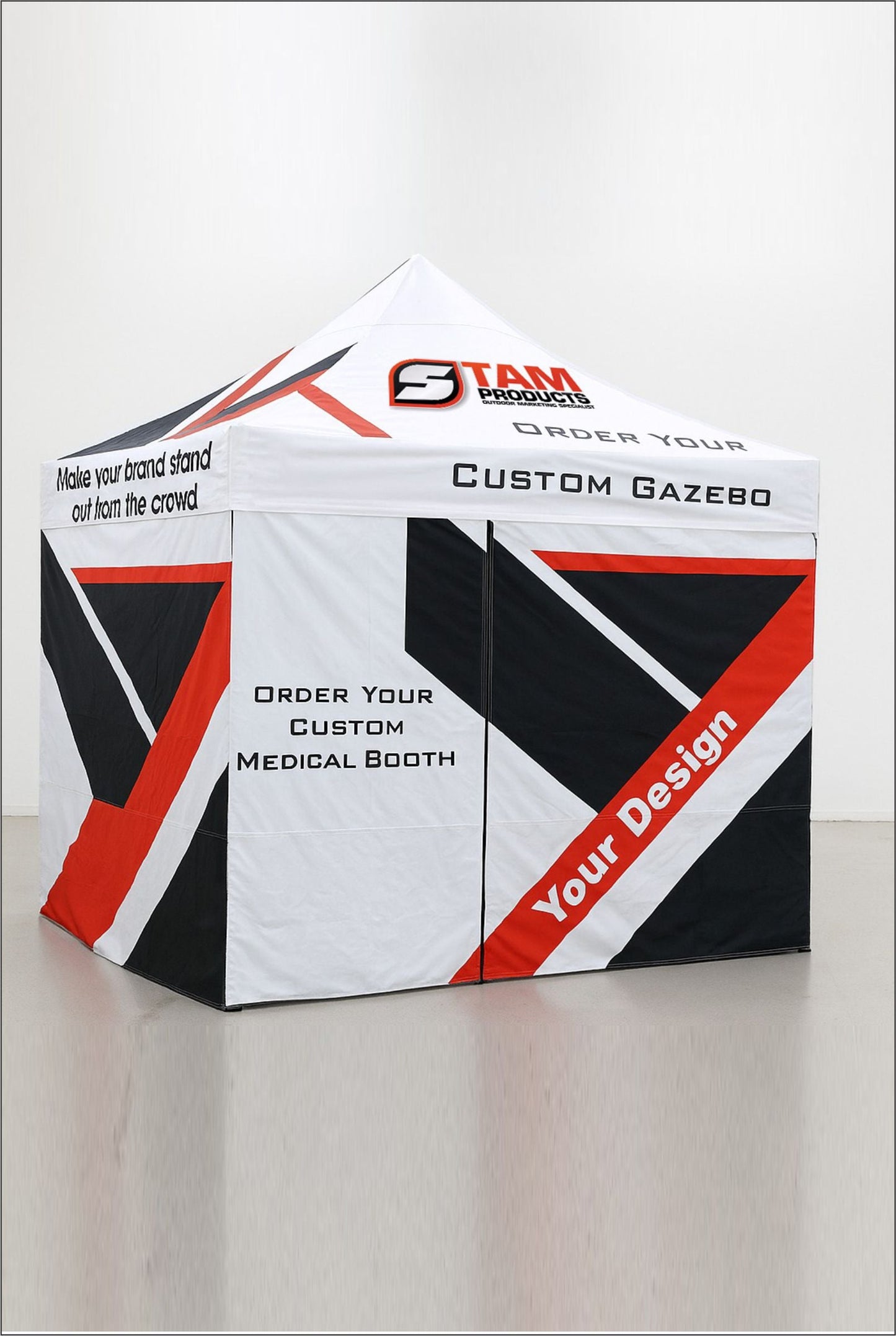 Stam Products' bespoke branded gazebo medical tent with custom design and medical booth branding