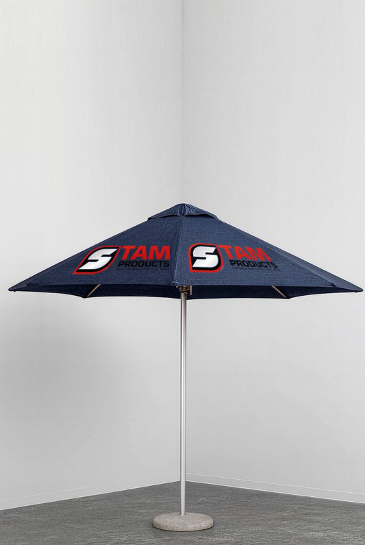 Stam Products bespoke printed branded octagonal umbrella with navy canopy and logo print on metal stand
