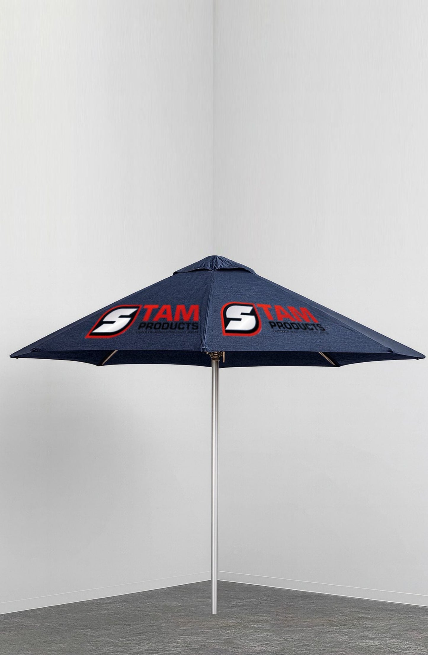 Stam Products bespoke printed branded octagonal umbrella with navy blue canopy and red logo on aluminum frame