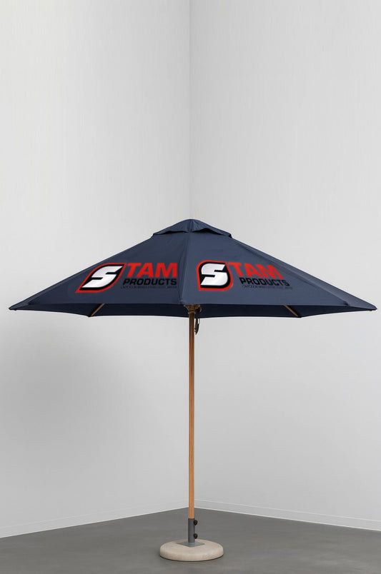 Stam Products bespoke printed branded octagonal umbrella with wooden frame and custom logo canopy