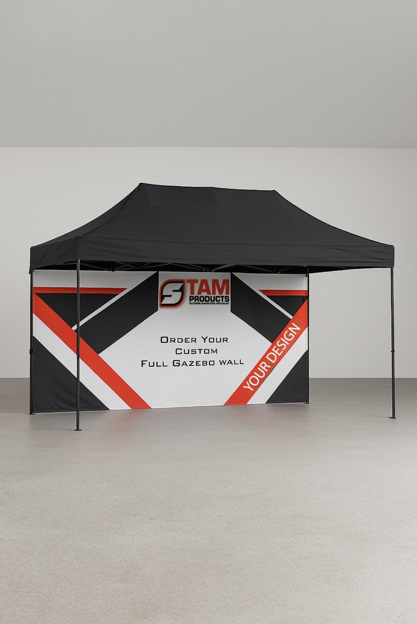 Custom printed Stam Products bespoke branded gazebo full wall with black, red, and white design for outdoor events and advertising