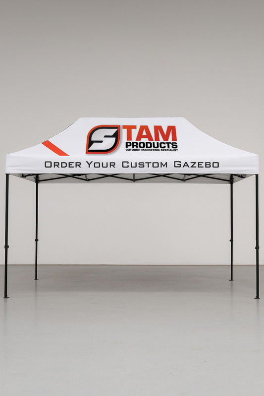 Stam Products Bespoke Printed Branded Gazebo 4.5m x 3m with custom logo and lightweight steel frame.