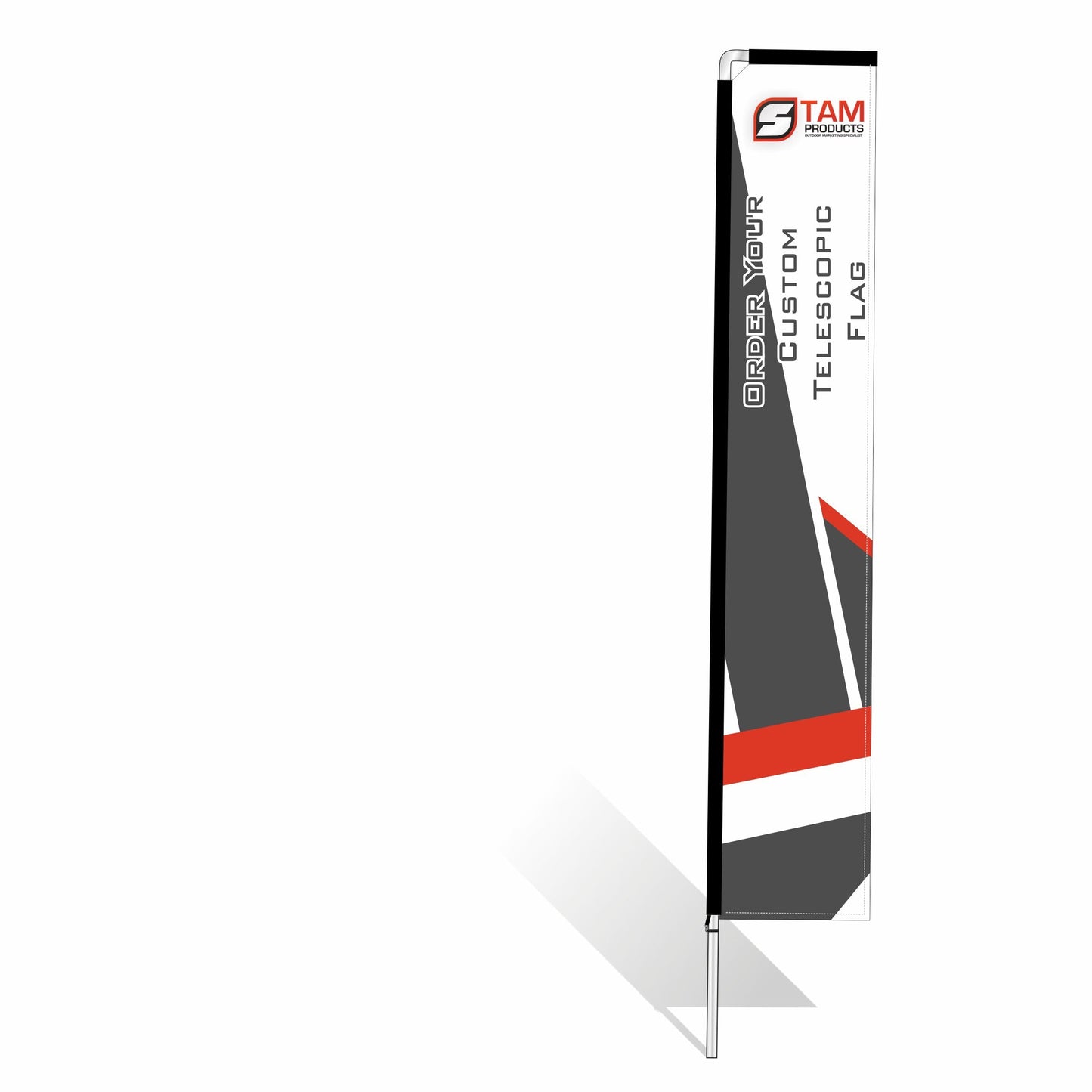 Bespoke branded telescopic flag banner by Stam Products for outdoor events and marketing.