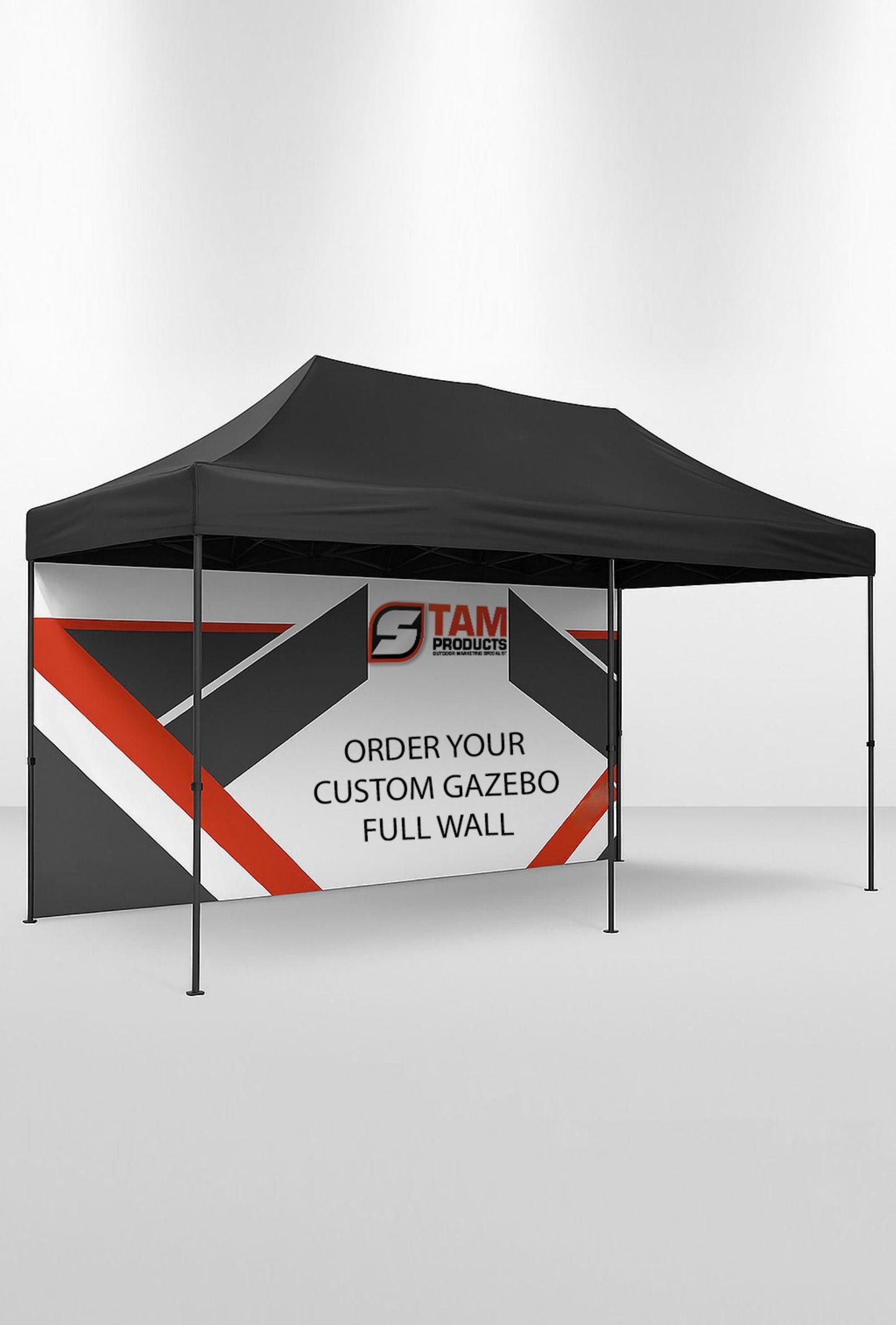 Custom Stam Products branded gazebo full wall with black canopy and geometric design for advertising and event use