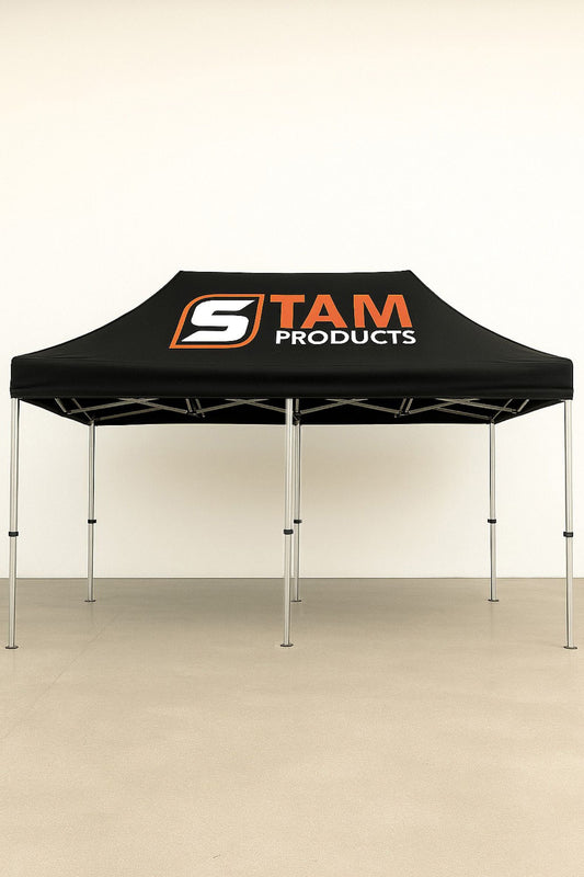 Stam Products Custom Printed Branded Gazebo 6m x 3m with black roof and logo print, steel frame, portable event shelter.