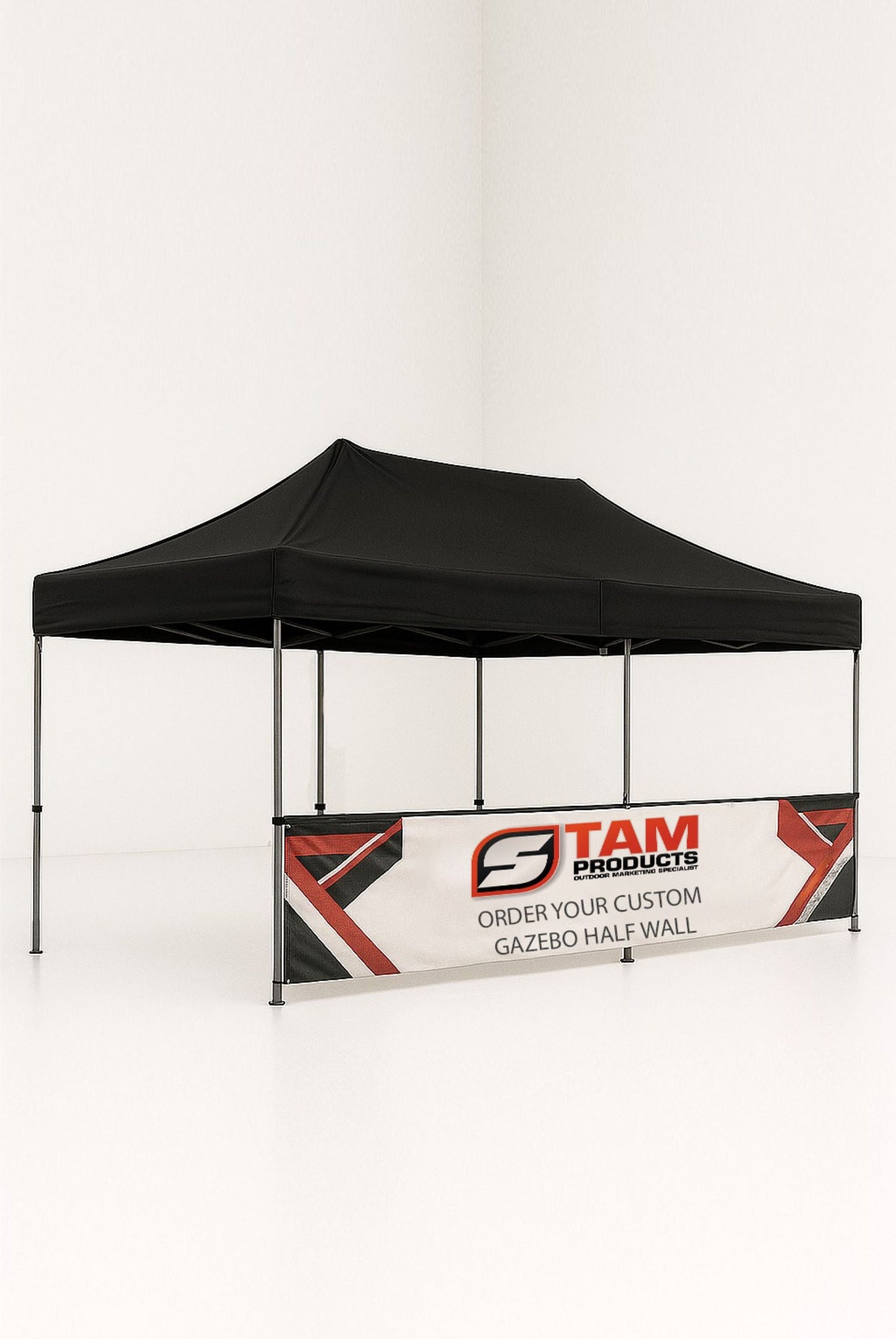 Stam Products black gazebo with custom branded half wall banner displaying company logo and advertising message
