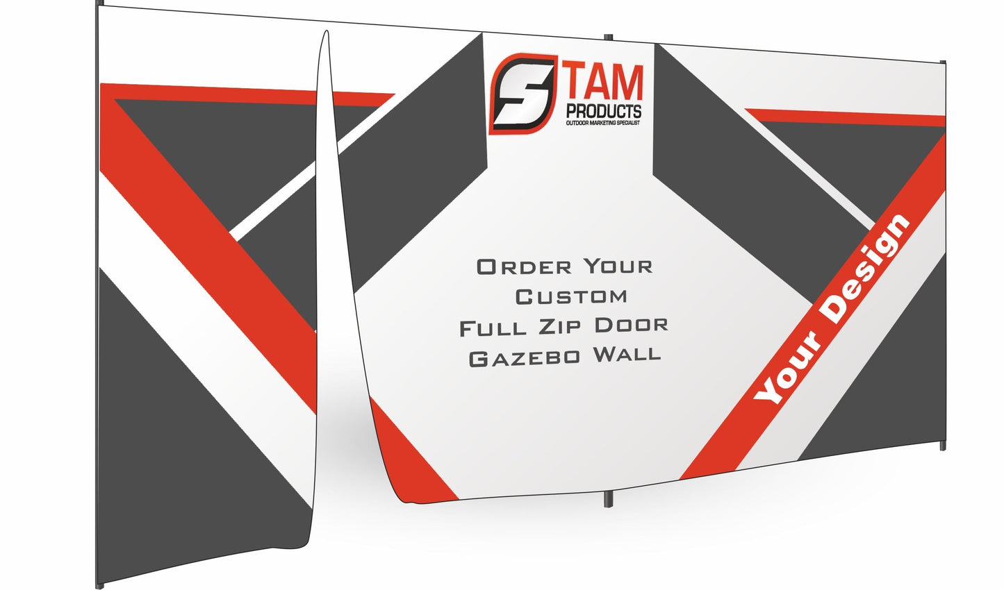 Stam Products custom branded gazebo full wall with zip door, featuring bespoke design and high-quality fabric.