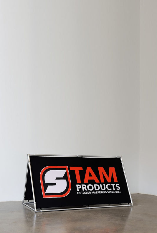 Stam Products custom printed A-frame banner with black background and orange and white logo on aluminum frame