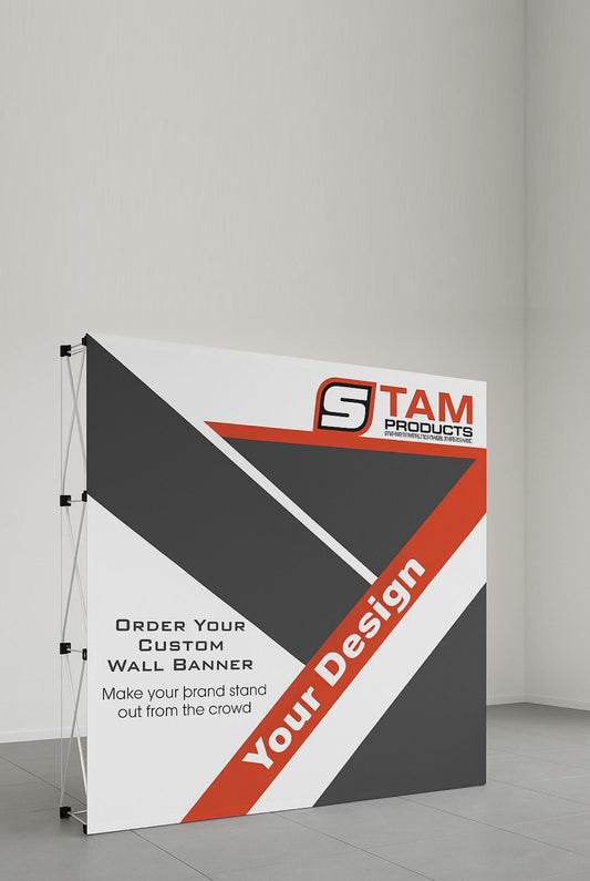 Stam Products Custom Printed Branded Straight Banner Wall with customizable design, lightweight aluminum frame, and durable polyester fabric.