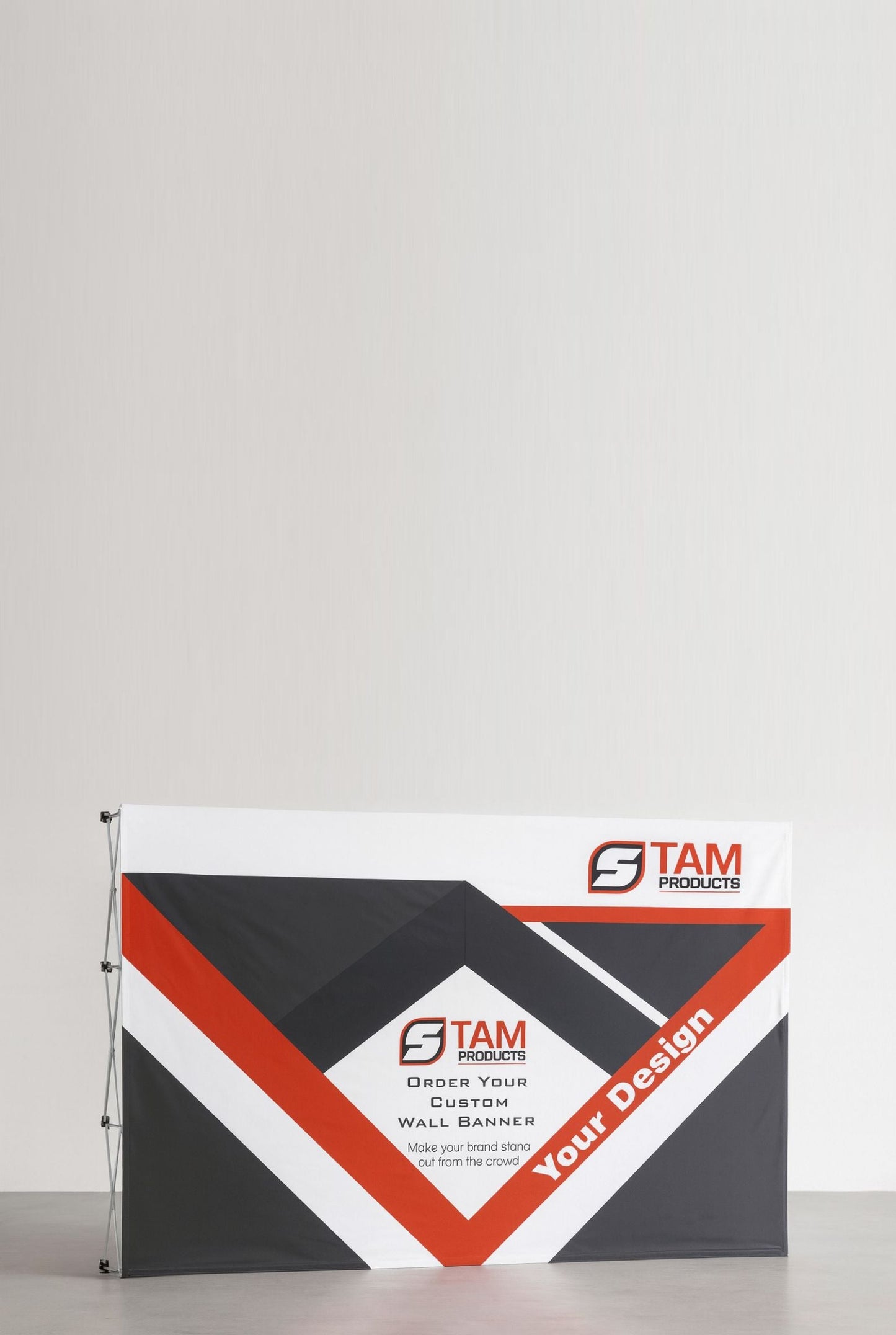 Stam Products Custom Printed Branded Straight Banner Wall with folding aluminium frame and polyester fabric, showcasing customizable design and brand logo.