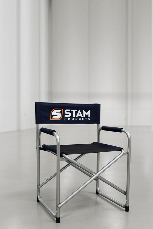 Stam Products Bespoke Printed Branded Directors Chair with lightweight aluminum frame and custom printed backrest