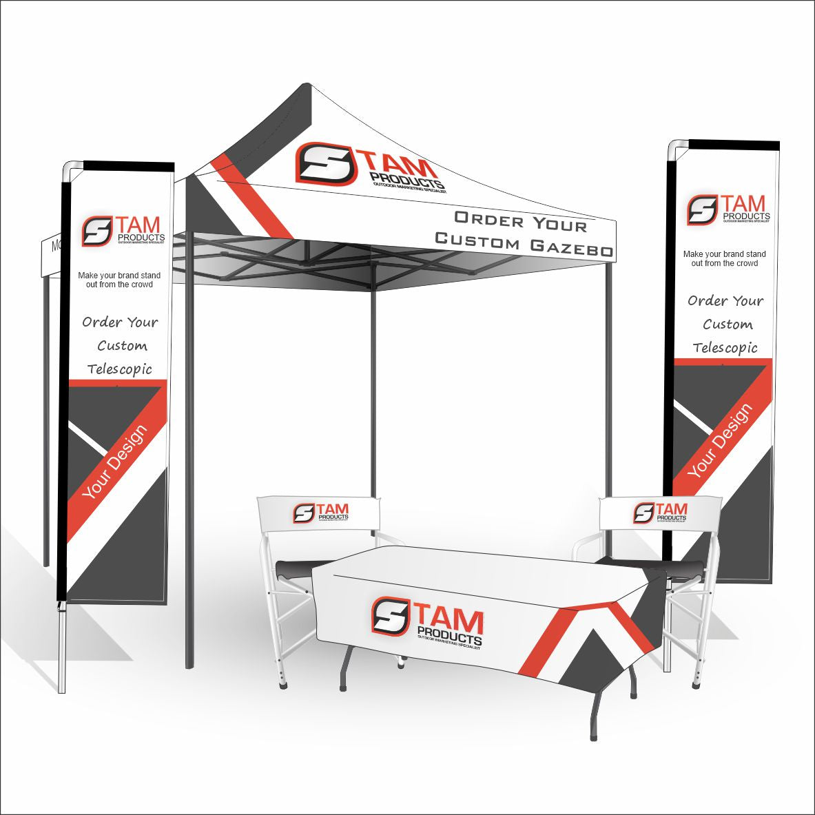 Branded gazebo combo deal with custom flags, table, and chairs, ideal for events and marketing.
