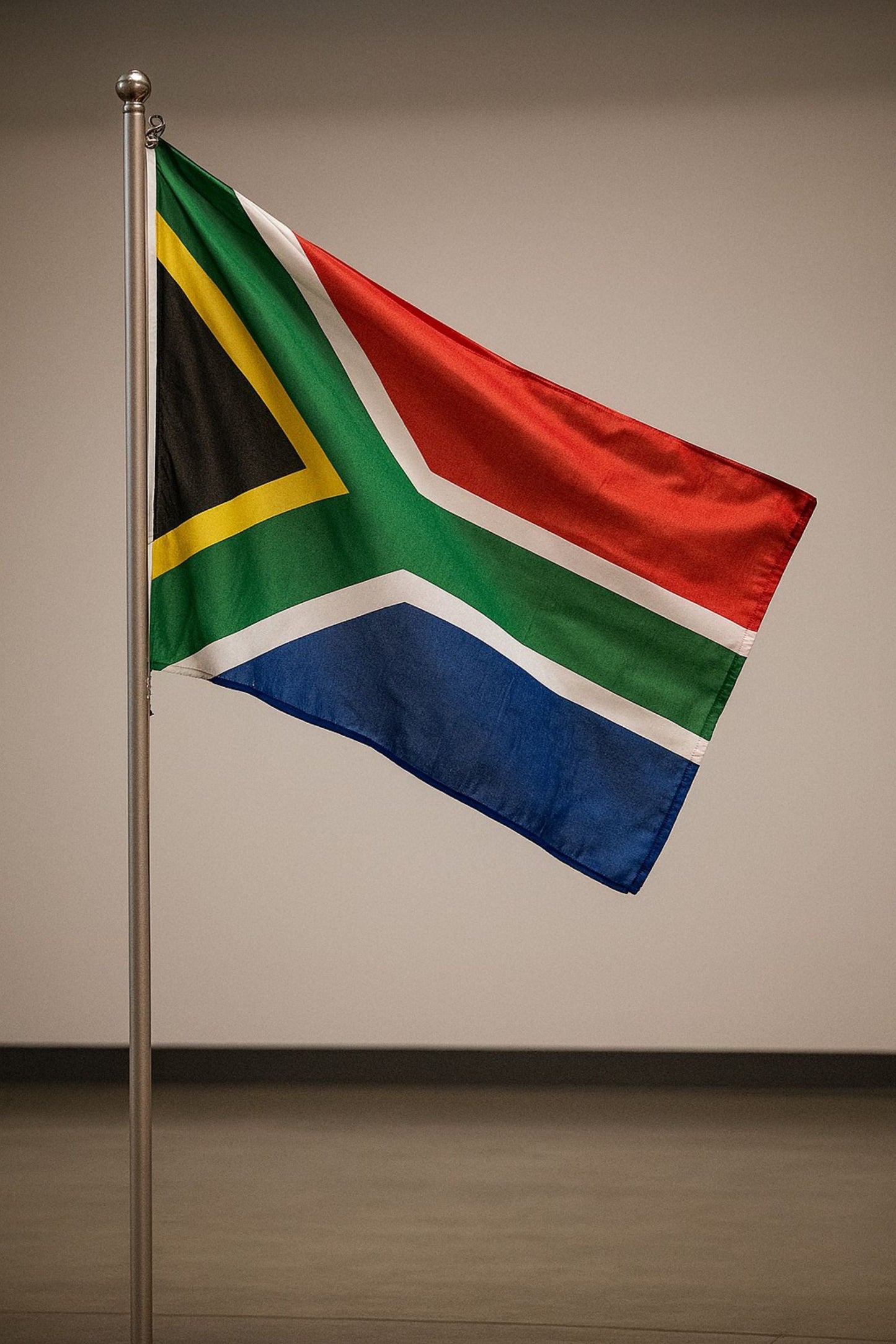 Stam Products high quality custom printed South African country flag on a pole indoors