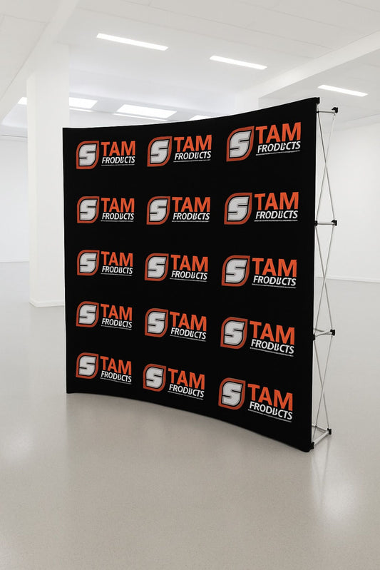 Stam Products Bespoke Printed Branded Curved Wall Banner with repeating logo design on black fabric and lightweight aluminum frame