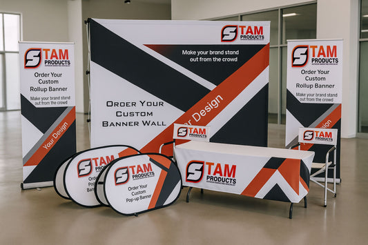 Stam Products custom printed branded indoor combo deal with banners, tablecloth, pop-up banners, and directors chairs for trade shows and events