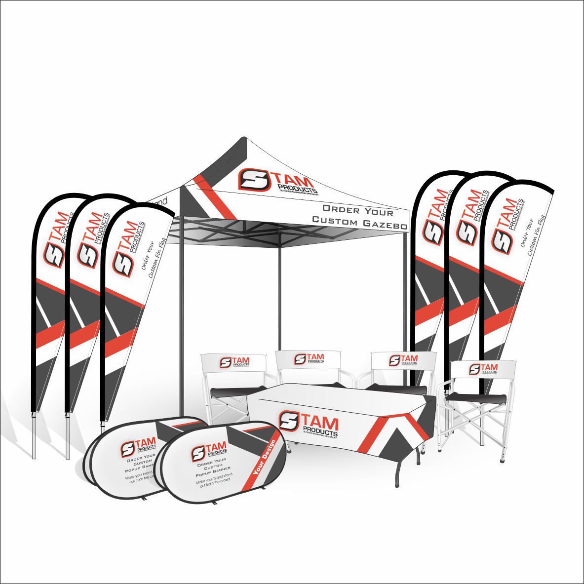 Stam Products Bespoke Branded Gazebo Combo Mega Deal 3 setup with branded flags, chairs, tablecloth, and banners for promotional events.