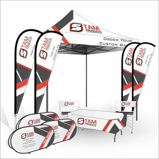 Stam Products Bespoke Branded Gazebo Combo Mega Deal 1 with gazebo, flags, banners, chairs, and table cloth.