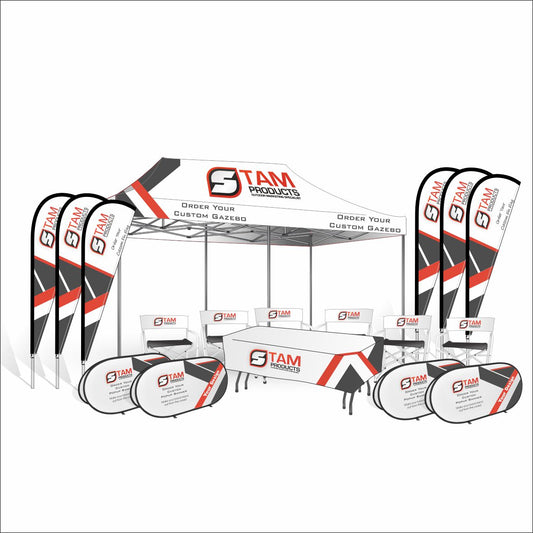 Stam Products Custom Branded Gazebo Combo Mega Deal 4 with branded gazebo, flags, and banners.