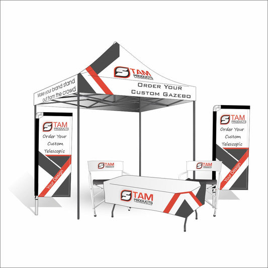 Bespoke branded mini gazebo outdoor combo with aluminum frame, branded telescopic flags, directors chairs, table cloth, and pop-up table for custom marketing.