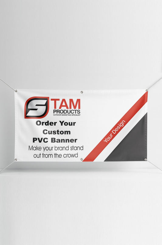 Custom printed bespoke branded PVC banner by Stam Products, 2m x 1m, for outdoor advertising and branding.