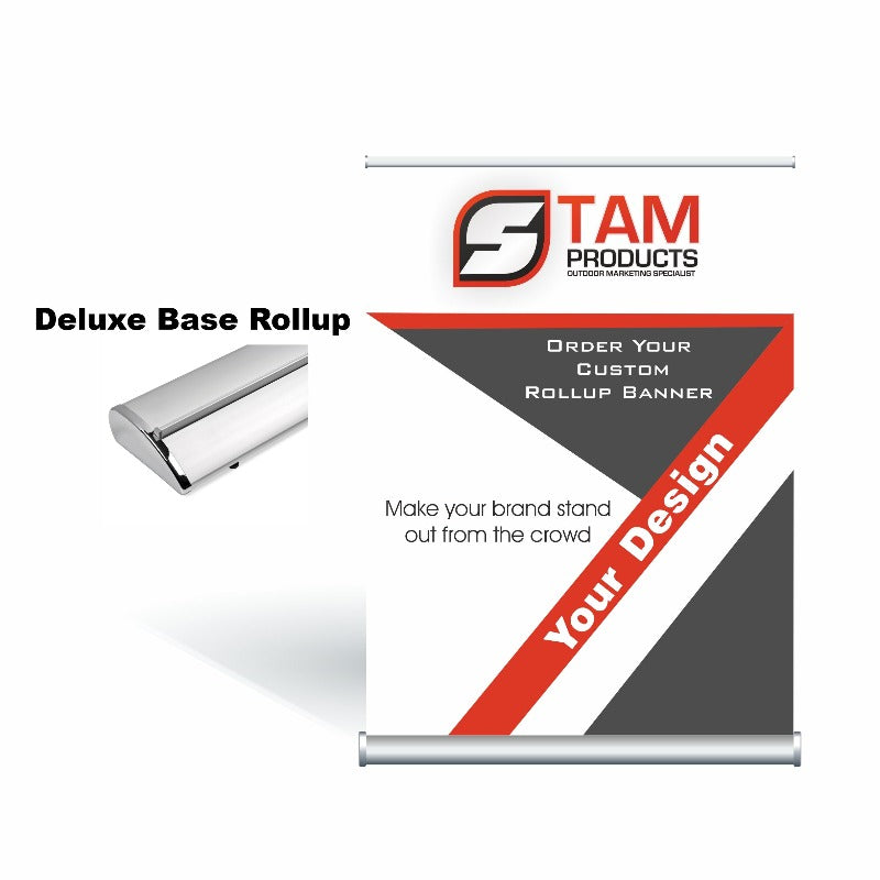 Stam Products Bespoke Printed Branded Rollup Banners with Deluxe Base for custom advertising.