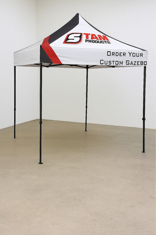 Stam Products 3m x 3m Custom Branded Gazebo branded outdoor gazebo with steel frame and white canopy displaying logo and promotional text