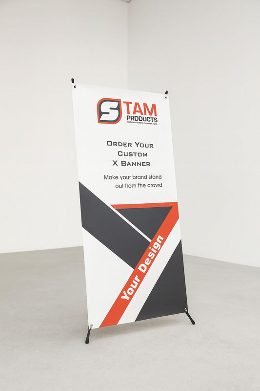 Stam Products custom printed Xbase banner with branding design and sturdy frame in indoor setting