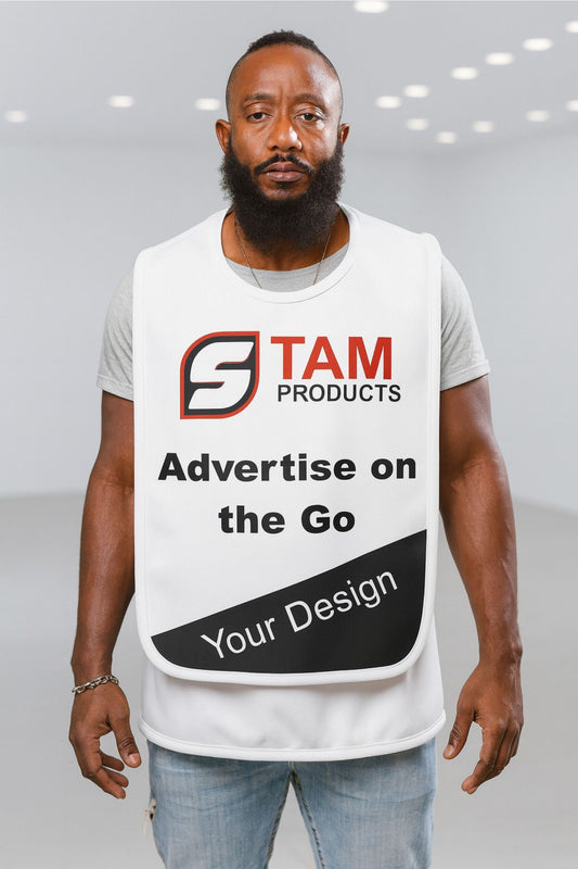 Man wearing Stam Products custom printed bespoke branded PVC bib with advertising design on front