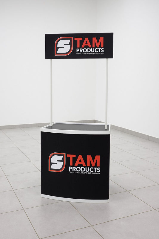 Portable Stam Products custom printed bespoke branded counter with black foldable frame and logo panels