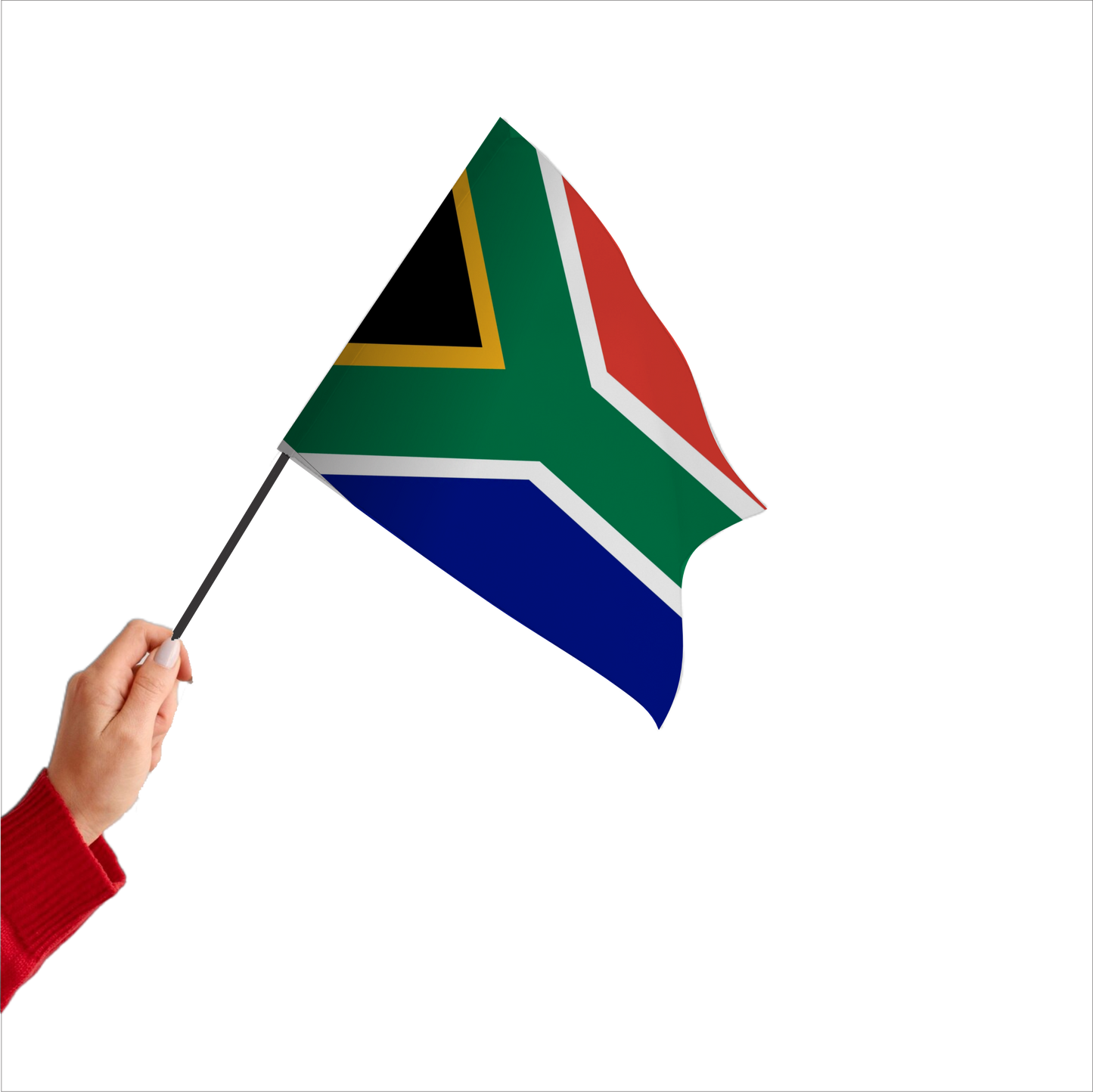 Hand holding a custom printed country flag by Stam Products.