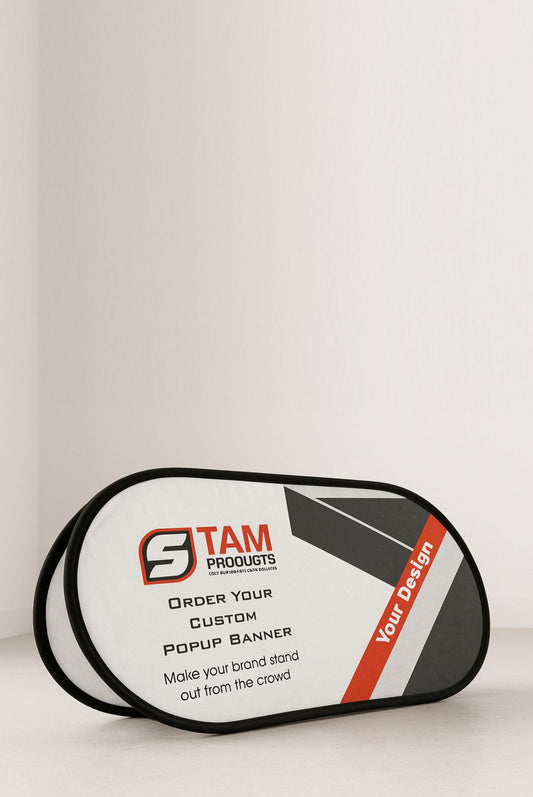 Stam Products bespoke printed branded popup banner with custom design and carry bag.