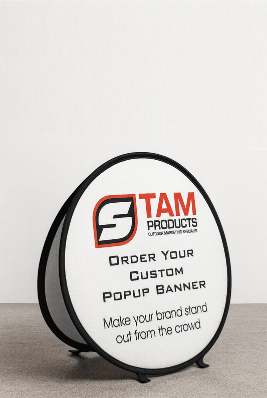 Stam Products bespoke printed branded popup banner with custom logo and marketing message