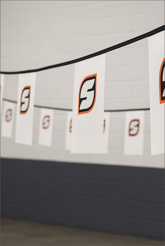 Stam Products bespoke custom printed branded PVC bunting with logo flags on nylon rope for events and branding