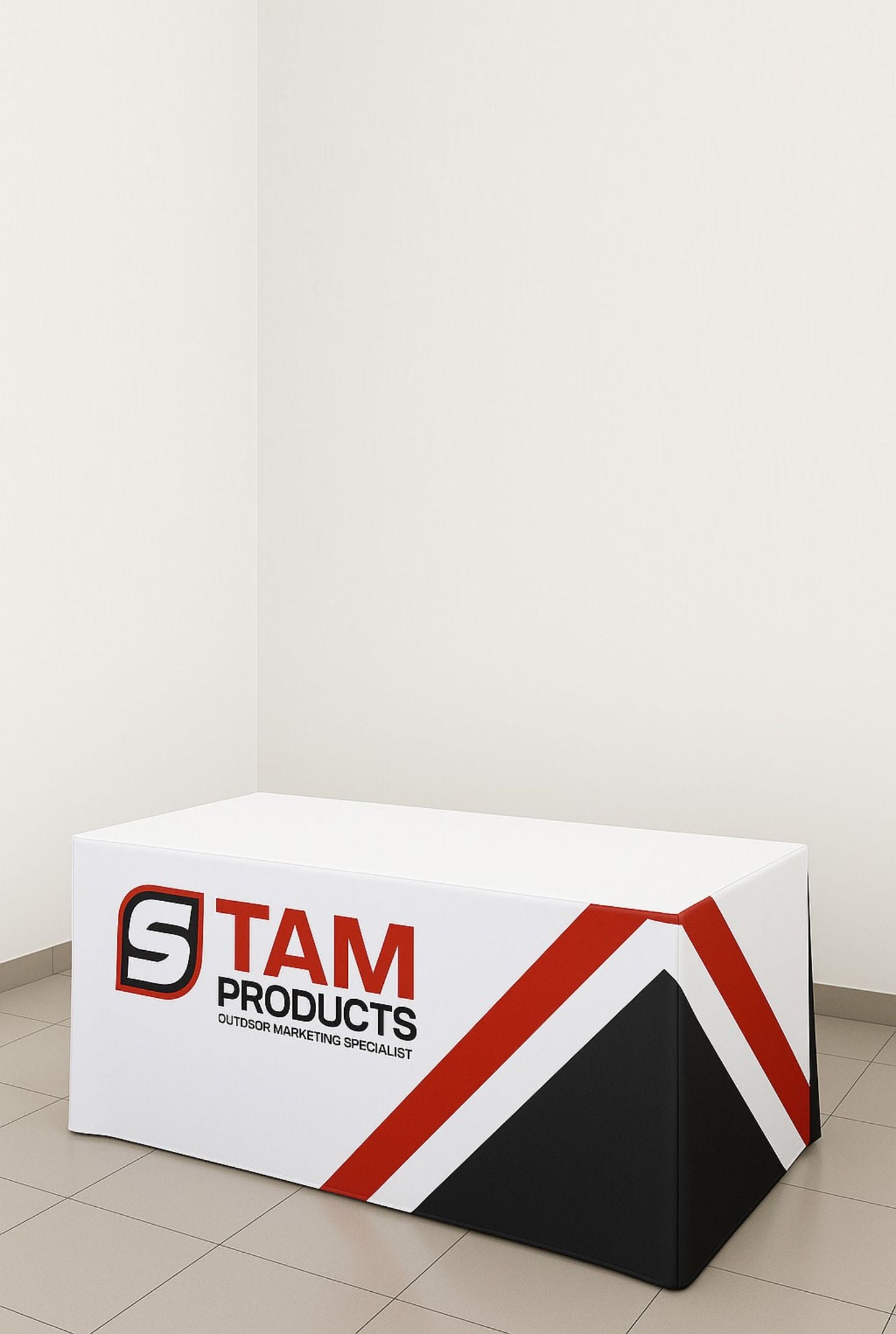 Custom printed branded table cloth by Stam Products featuring logo and red, black, and white design on a rectangular table.