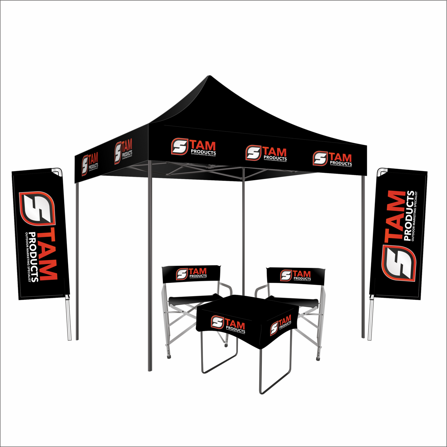 Stam Products branded mini gazebo outdoor combo with flags and chairs.