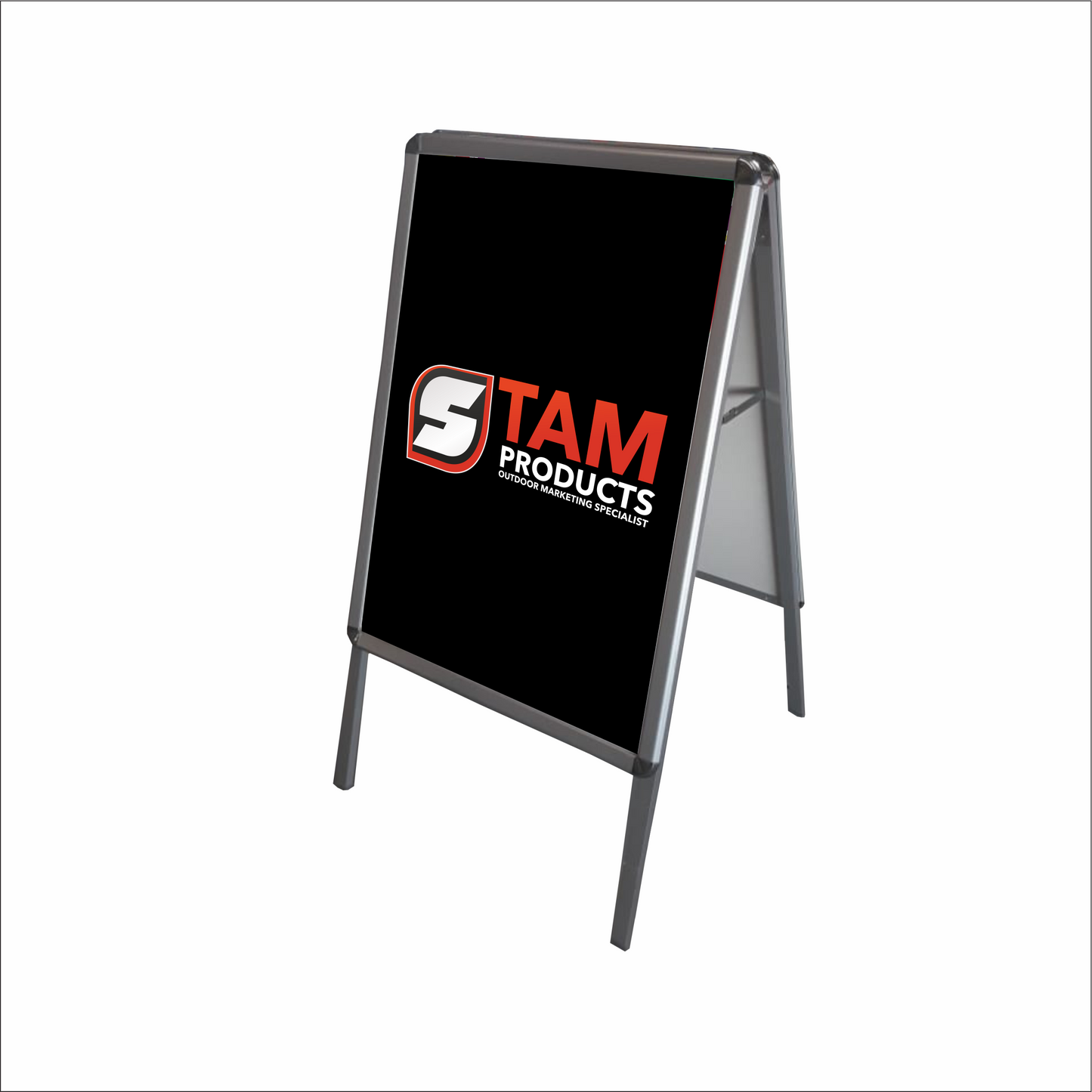 Stam Products Bespoke Branded Sandwich Board Banner with aluminum frame and black panel design.