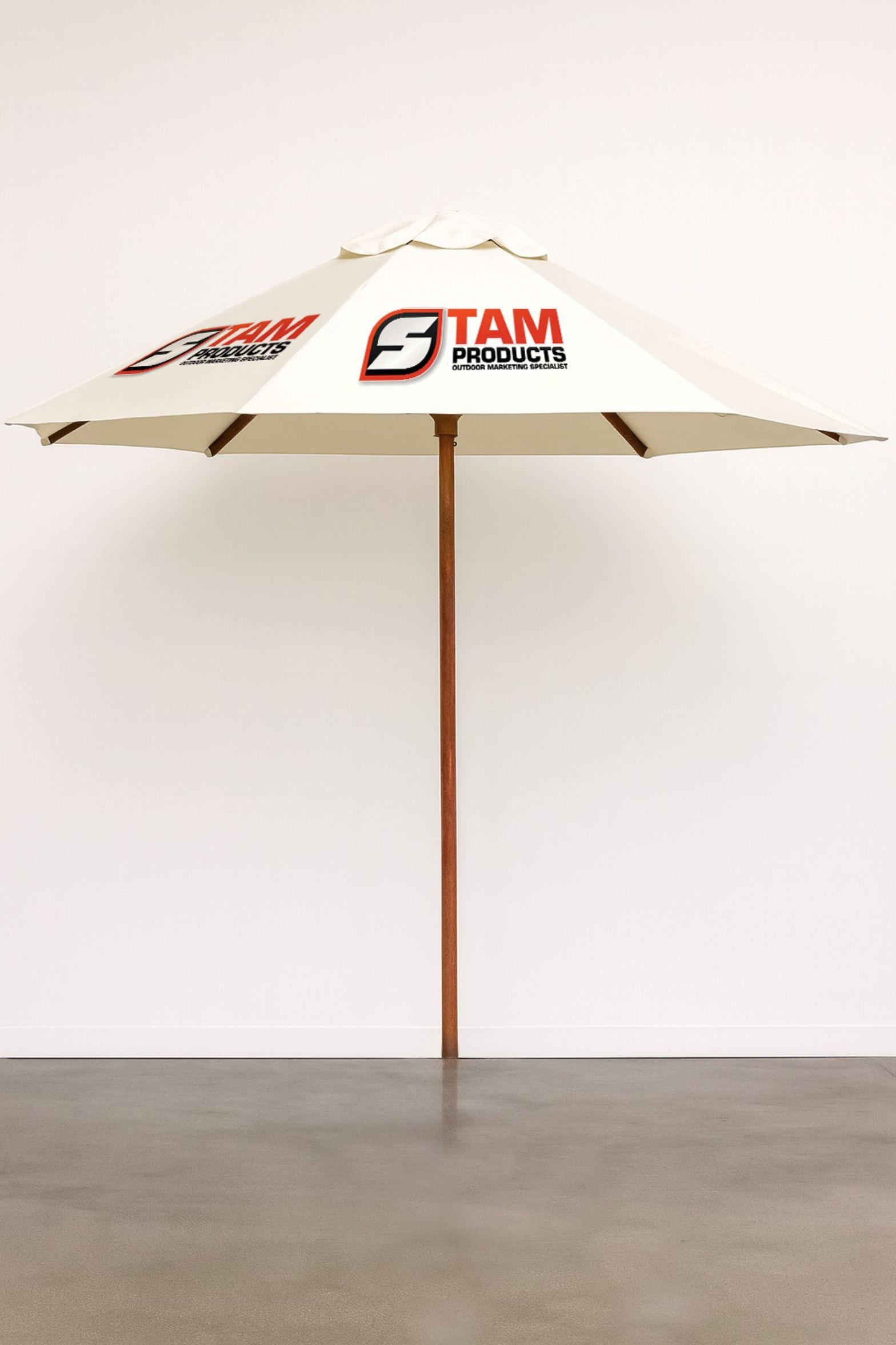 Stam Products custom outdoor branded hexagonal umbrella with wooden frame and white canopy displaying company logo.