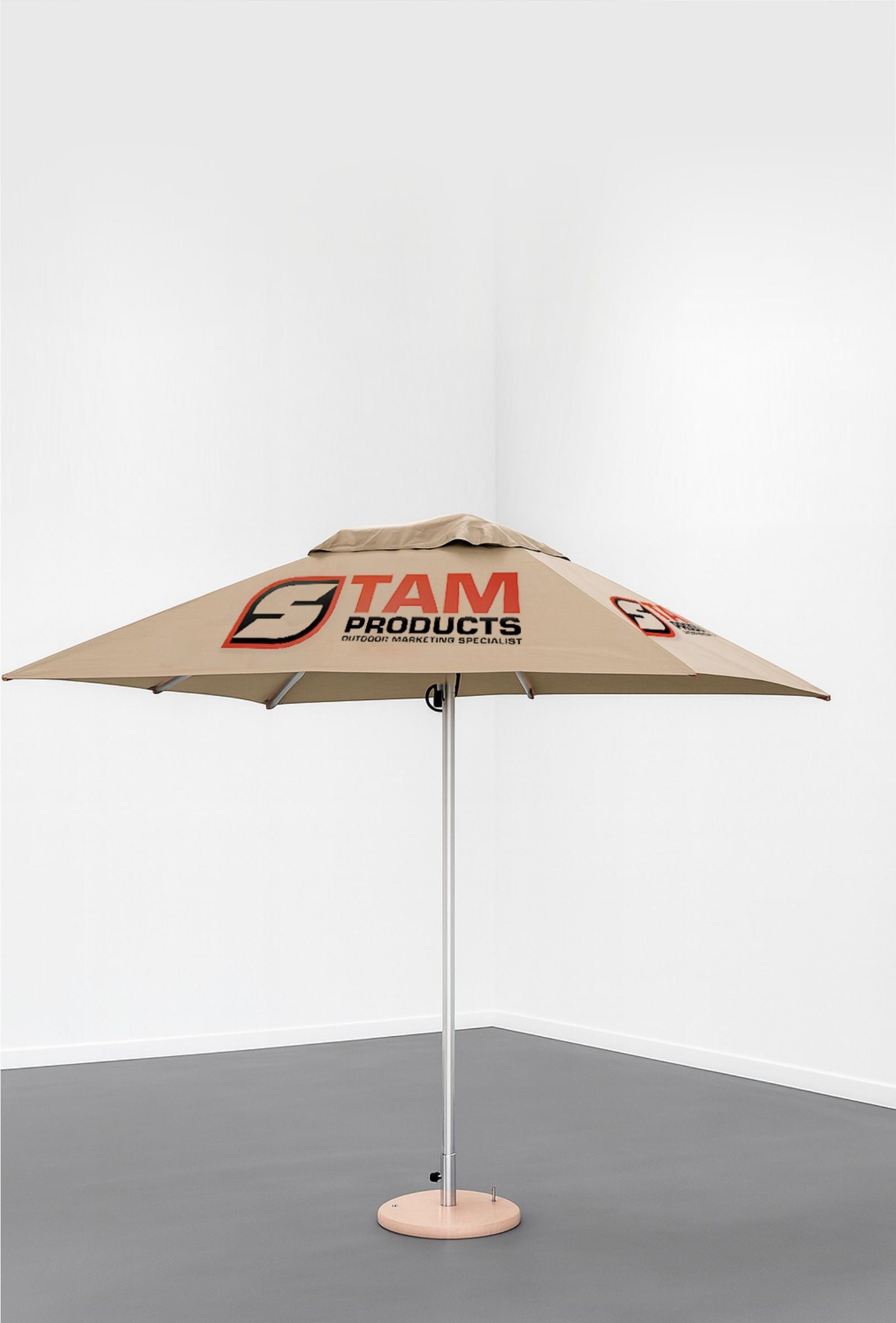 Custom printed branded square umbrella by Stam Products with beige canopy and logo, featuring aluminium frame and optional base for outdoor branding.